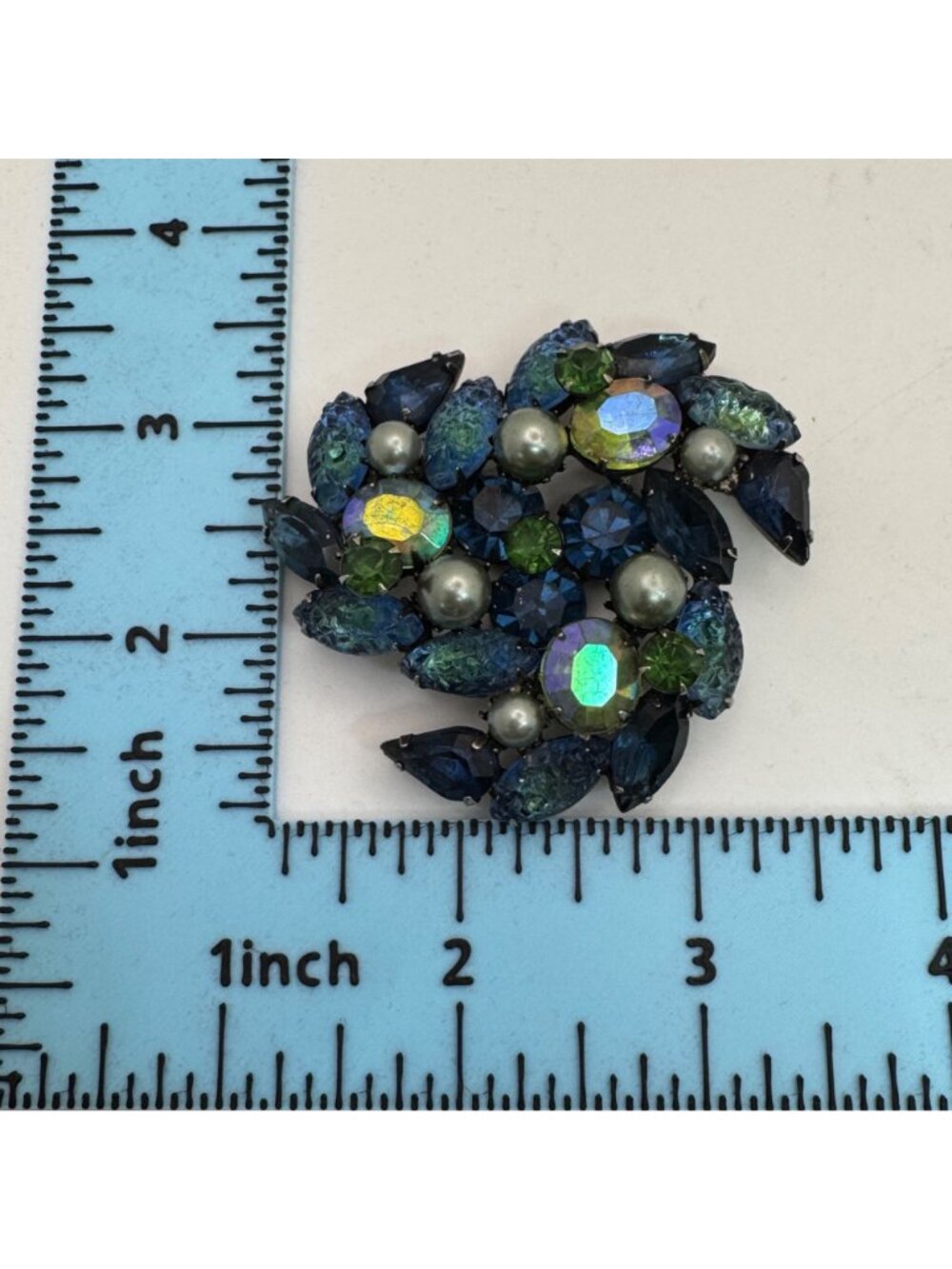 Molded Glass AB Kramer Blue & Green Rhinestone Brooch Pearls Aurora Borealis 2" - Picture 5 of 9